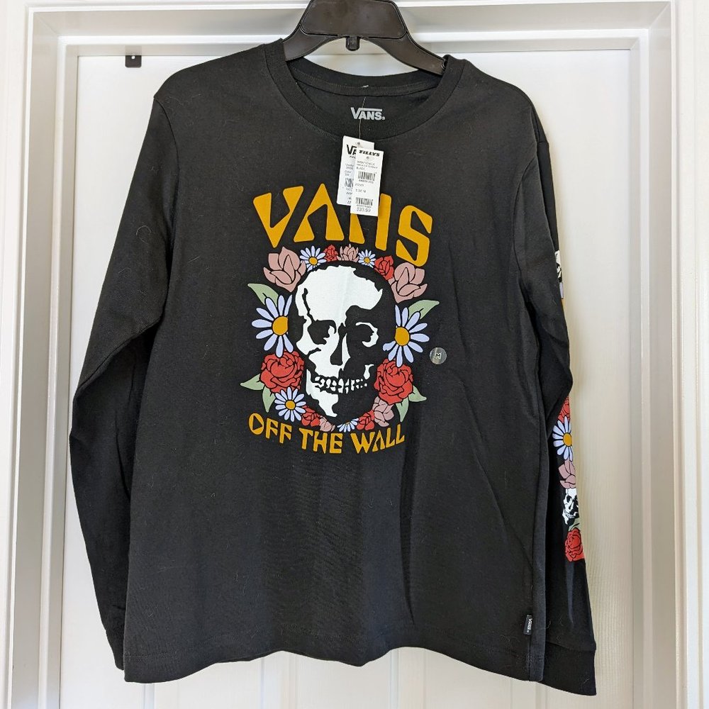VANS Headliner Women's Oversized Long Sleeve BF Tee Shirt Skull Flowers